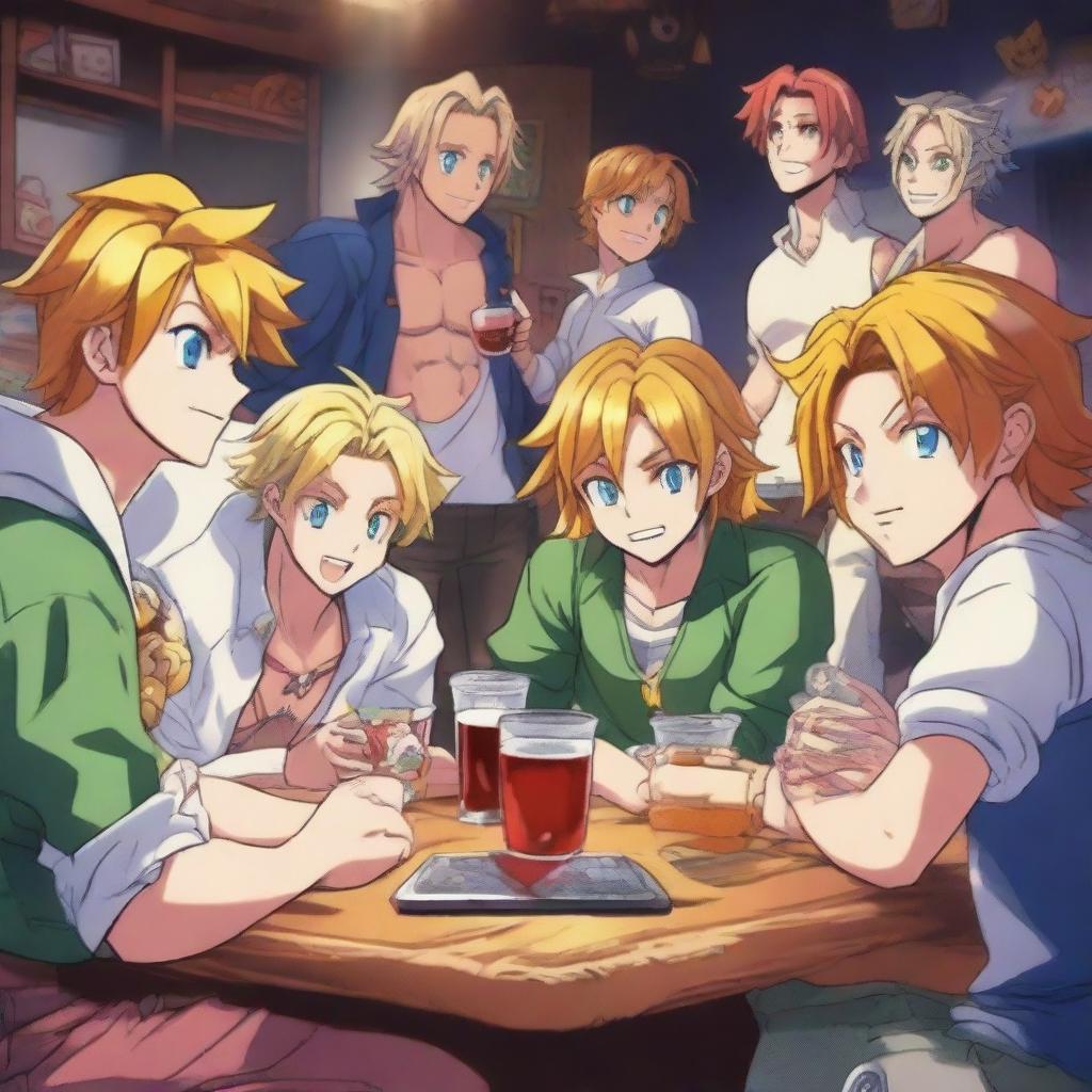 A high-quality digital art image showing Meliodas from the Seven Deadly Sins anime, cheerfully drinking while playing the video game Deep Rock Galactic with his friends