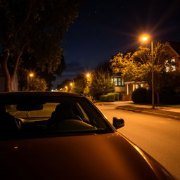 A parked car on a quiet street at night, illuminated by the warm glow of streetlights