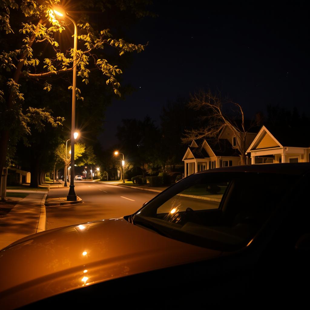 A parked car on a quiet street at night, illuminated by the warm glow of streetlights