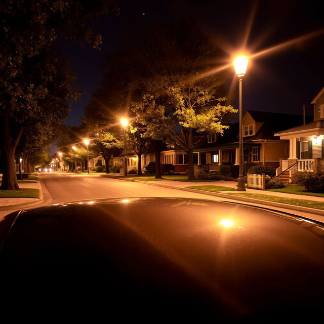 A parked car on a quiet street at night, illuminated by the warm glow of streetlights