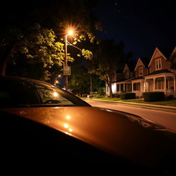 A parked car on a quiet street at night, illuminated by the warm glow of streetlights