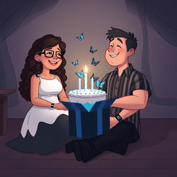 A cartoon image depicting a girl and a boy sitting across from each other in a cozy, intimate, dimly lit room