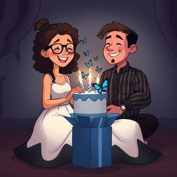 A cartoon image depicting a girl and a boy sitting across from each other in a cozy, intimate, dimly lit room