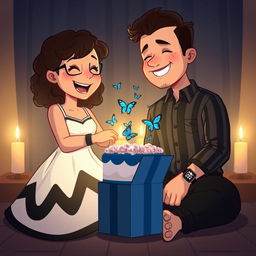 A cartoon image depicting a girl and a boy sitting across from each other in a cozy, intimate, dimly lit room