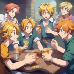 A high-quality digital art image showing Meliodas from the Seven Deadly Sins anime, cheerfully drinking while playing the video game Deep Rock Galactic with his friends