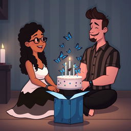 A cartoon image depicting a girl and a boy sitting across from each other in a cozy, intimate, dimly lit room