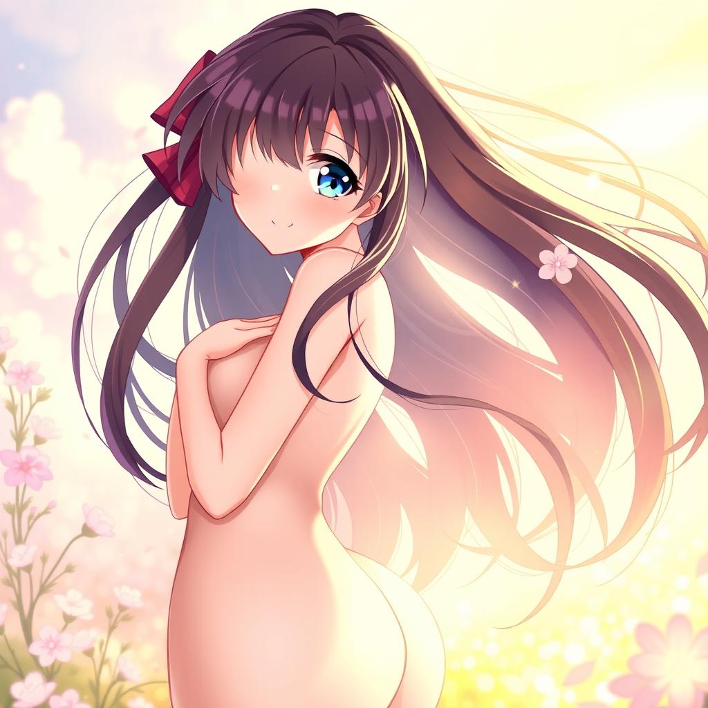 A beautifully illustrated anime girl with long flowing hair, artfully posed in an elegant manner, showcasing curves and a graceful silhouette