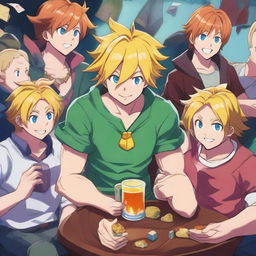 A high-quality digital art image showing Meliodas from the Seven Deadly Sins anime, cheerfully drinking while playing the video game Deep Rock Galactic with his friends