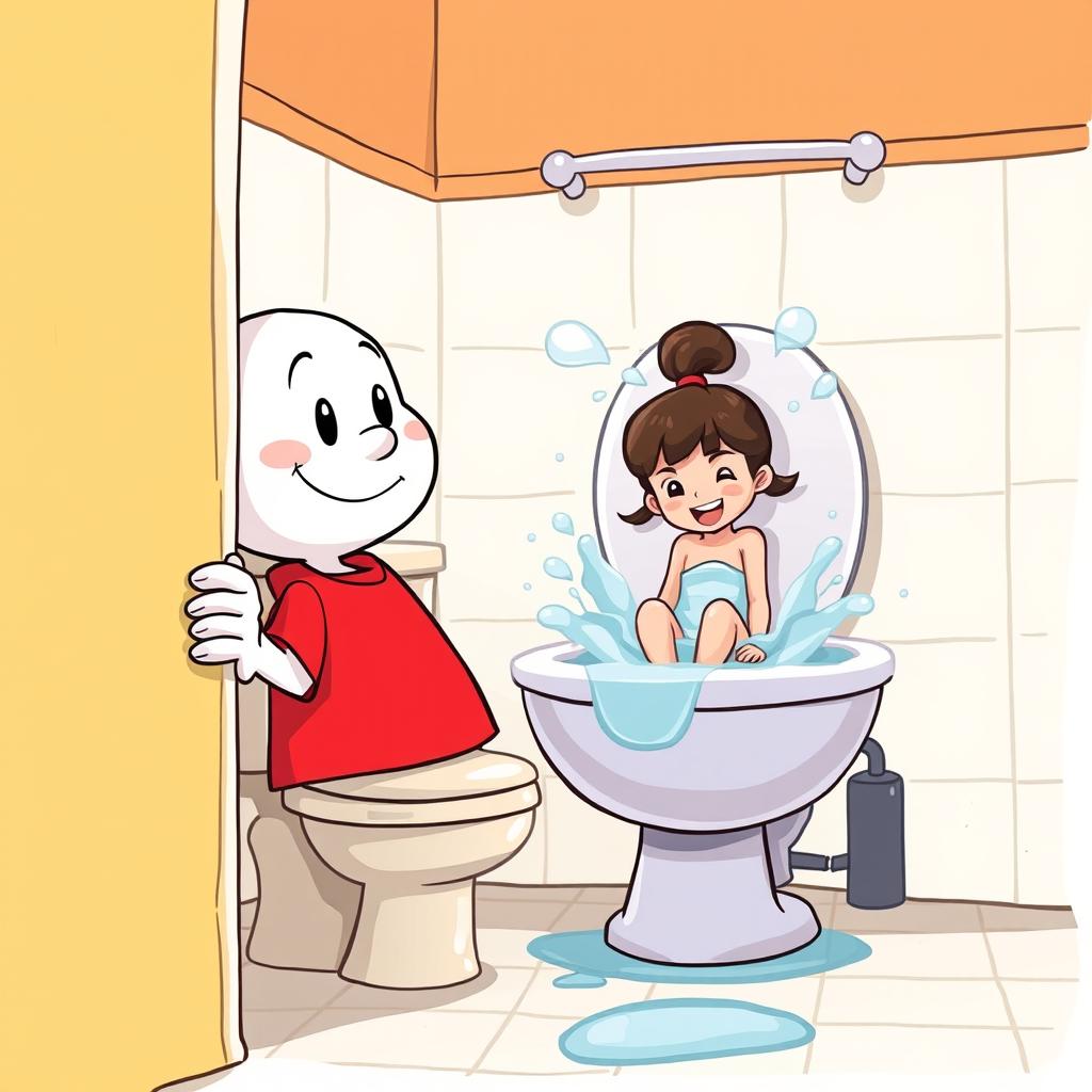 A playful, whimsical scene featuring a white cartoon character wearing a bright red T-shirt, peeking around the corner as it curiously observes a girl taking a bath in a whimsical toilet setting