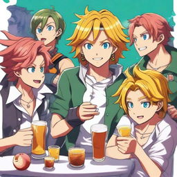 A high-quality digital art image showing Meliodas from the Seven Deadly Sins anime, cheerfully drinking while playing the video game Deep Rock Galactic with his friends