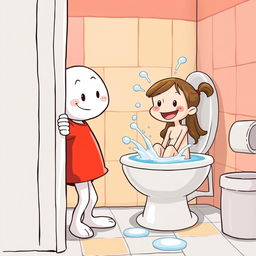A playful, whimsical scene featuring a white cartoon character wearing a bright red T-shirt, peeking around the corner as it curiously observes a girl taking a bath in a whimsical toilet setting
