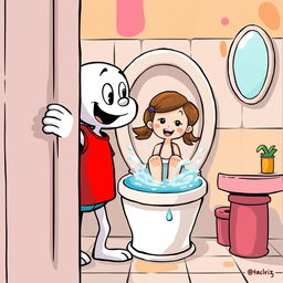 A playful, whimsical scene featuring a white cartoon character wearing a bright red T-shirt, peeking around the corner as it curiously observes a girl taking a bath in a whimsical toilet setting