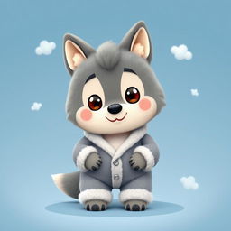 A charming 3D illustration of a wolf character wearing a cozy lambswool pajama set, styled in a cute and friendly manner