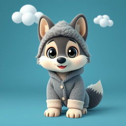 A charming 3D illustration of a wolf character wearing a cozy lambswool pajama set, styled in a cute and friendly manner