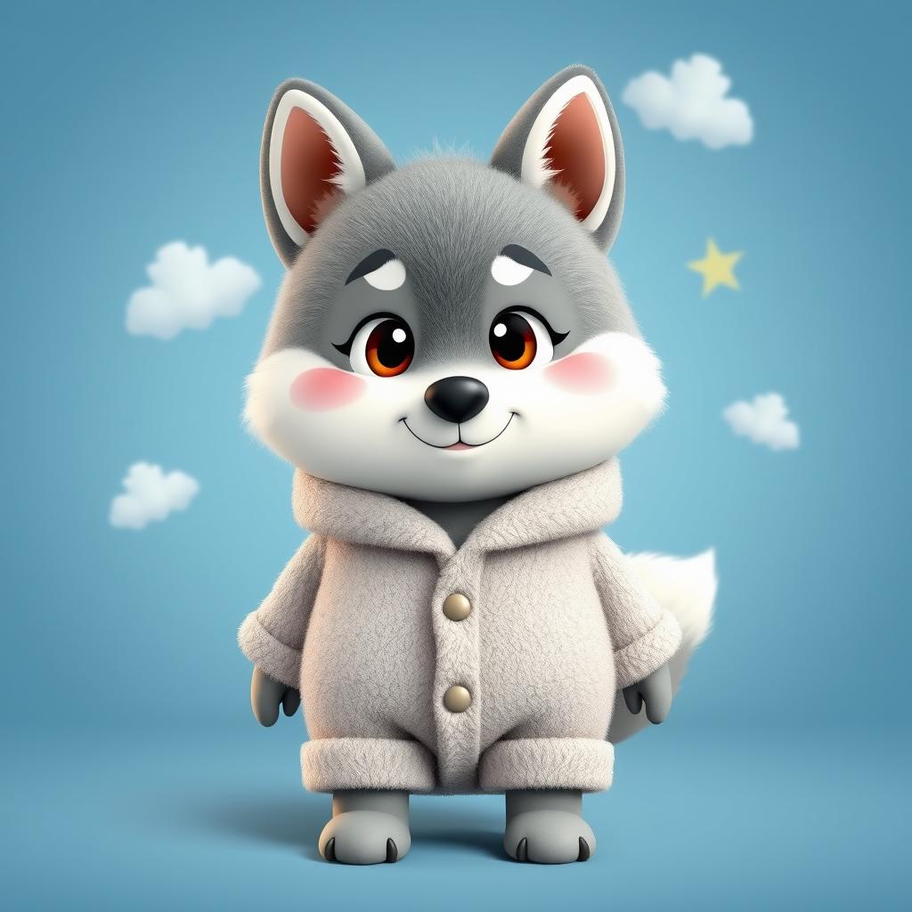 A charming 3D illustration of a wolf character wearing a cozy lambswool pajama set, styled in a cute and friendly manner