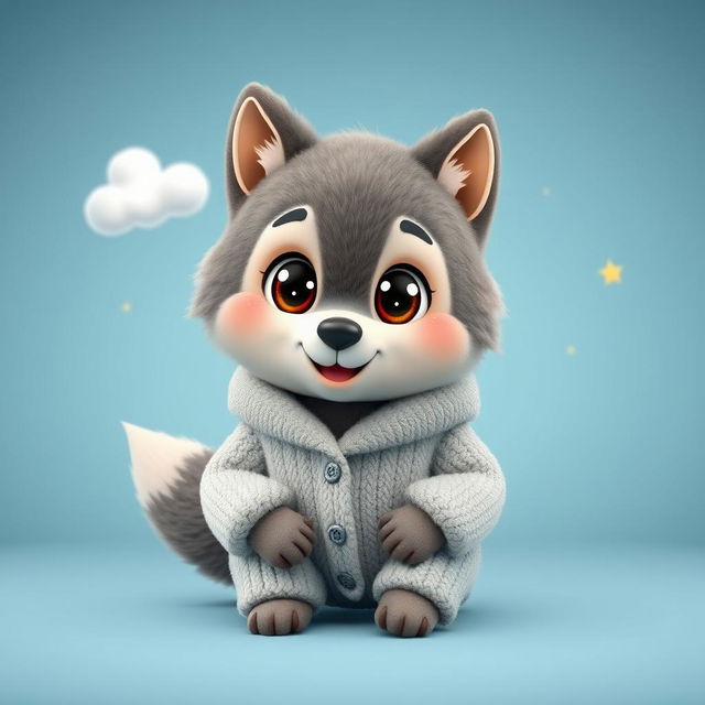A charming 3D illustration of a wolf character wearing a cozy lambswool pajama set, styled in a cute and friendly manner