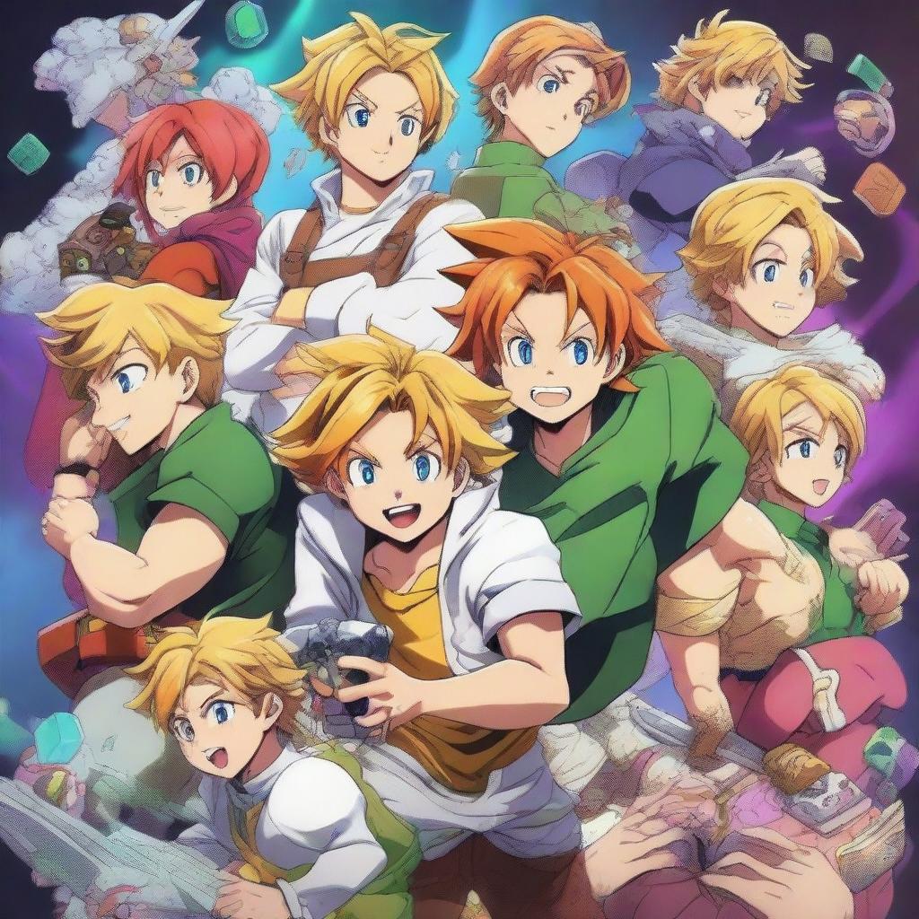 A vivid, high-quality digital art piece that depicts Meliodas from the Seven Deadly Sins anime enthusiastically playing the video game Deep Rock Galactic with his friends