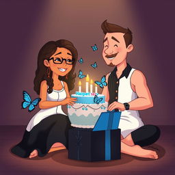 A cartoon image featuring a girl and a boy sitting across from each other in a cozy, intimate, dimly lit room