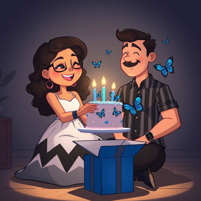 A cartoon image featuring a girl and a boy sitting across from each other in a cozy, intimate, dimly lit room