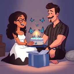 A cartoon image featuring a girl and a boy sitting across from each other in a cozy, intimate, dimly lit room