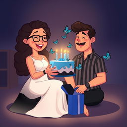 A cartoon image featuring a girl and a boy sitting across from each other in a cozy, intimate, dimly lit room