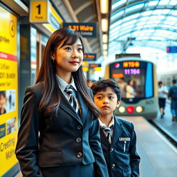 A young woman with long dark hair wearing a smart uniform stands with confidence on a bustling train platform, her attire reflecting a professional look