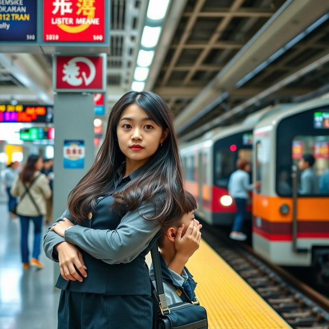A young woman with long dark hair wearing a smart uniform stands with confidence on a bustling train platform, her attire reflecting a professional look