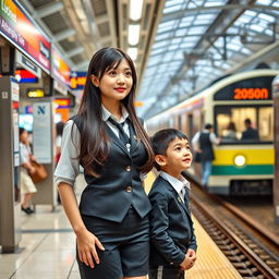 A young woman with long dark hair wearing a smart uniform stands with confidence on a bustling train platform, her attire reflecting a professional look
