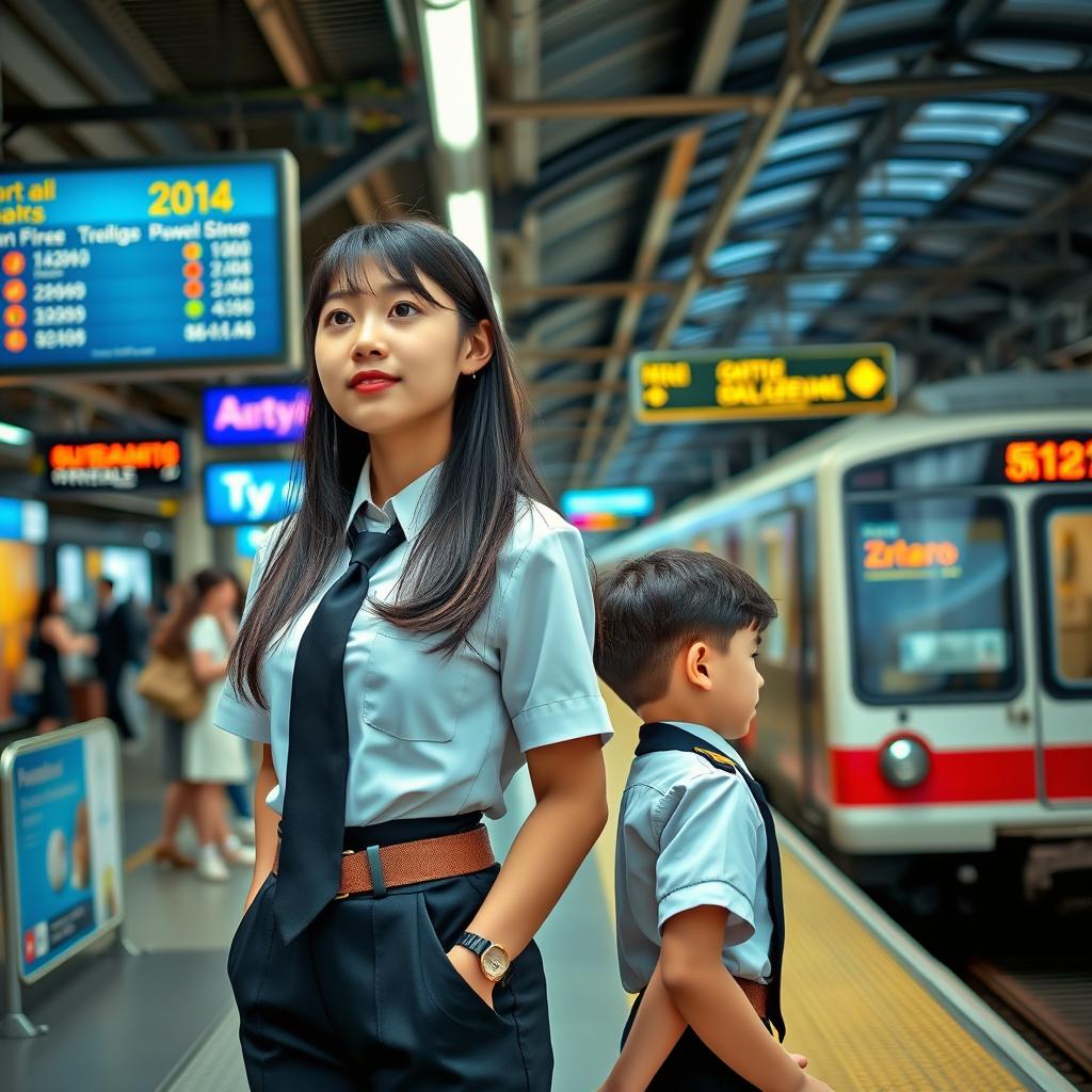 A young woman with long dark hair wearing a smart uniform stands with confidence on a bustling train platform, her attire reflecting a professional look