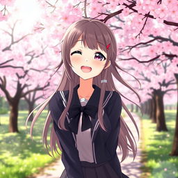 An anime female character smiling brightly in a picturesque cherry blossom park, dressed in a stylish high school uniform