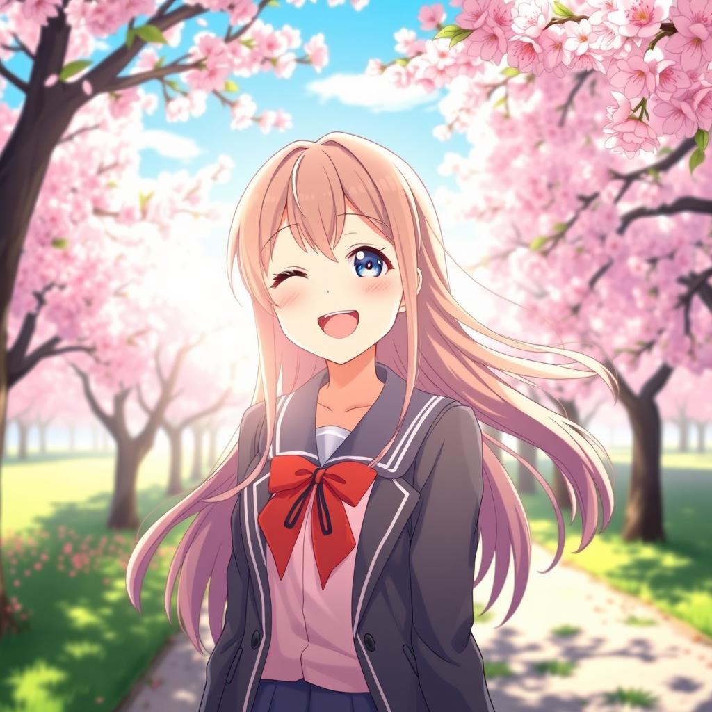 An anime female character smiling brightly in a picturesque cherry blossom park, dressed in a stylish high school uniform