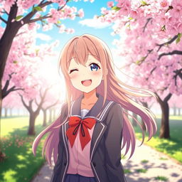 An anime female character smiling brightly in a picturesque cherry blossom park, dressed in a stylish high school uniform