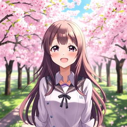 An anime female character smiling brightly in a picturesque cherry blossom park, dressed in a stylish high school uniform