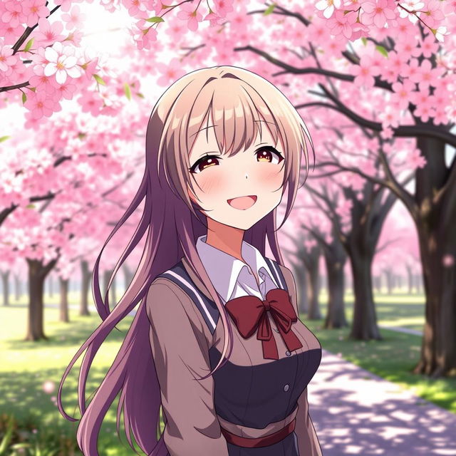 An anime female character smiling brightly in a picturesque cherry blossom park, dressed in a stylish high school uniform