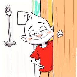 A whimsical white cartoon character with exaggerated features, wearing a bright red T-shirt, peeking into a girl's changing room