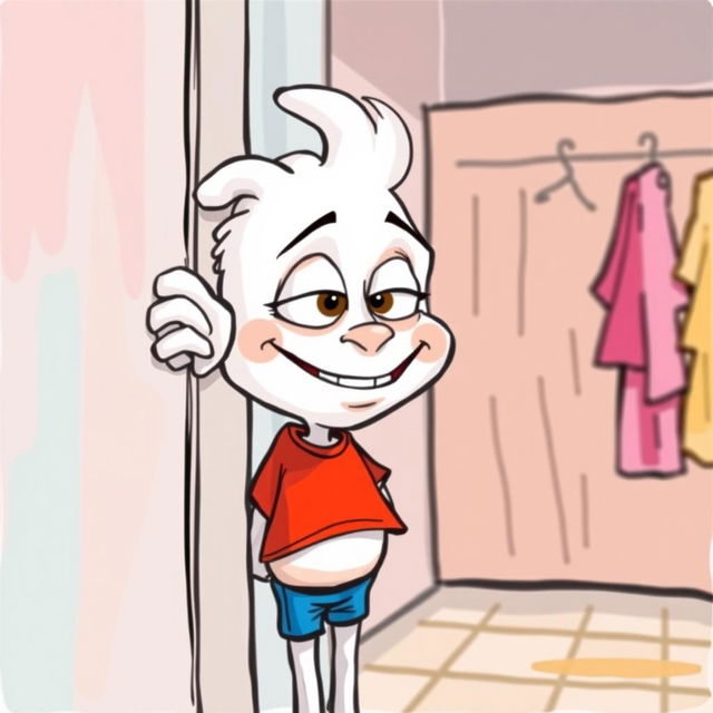 A whimsical white cartoon character with exaggerated features, wearing a bright red T-shirt, peeking into a girl's changing room