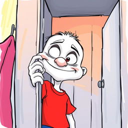 A whimsical white cartoon character with exaggerated features, wearing a bright red T-shirt, peeking into a girl's changing room