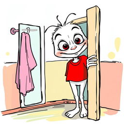 A whimsical white cartoon character with exaggerated features, wearing a bright red T-shirt, peeking into a girl's changing room