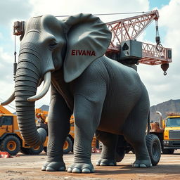 A hybrid creature combining an elephant with a large truck crane, featuring a powerful elephant body with thick, textured grey skin and large ears