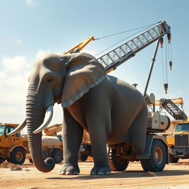 A hybrid creature combining an elephant with a large truck crane, featuring a powerful elephant body with thick, textured grey skin and large ears