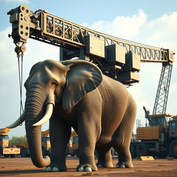 A hybrid creature combining an elephant with a large truck crane, featuring a powerful elephant body with thick, textured grey skin and large ears