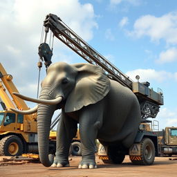 A hybrid creature combining an elephant with a large truck crane, featuring a powerful elephant body with thick, textured grey skin and large ears