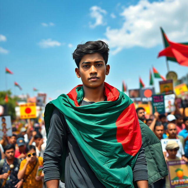 A young man wearing a Bangladeshi flag draped over his shoulders, showcasing strength and resilience