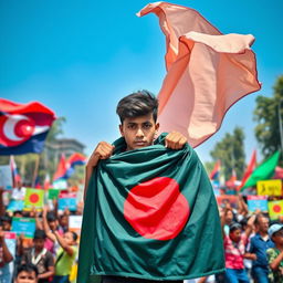 A young man wearing a Bangladeshi flag draped over his shoulders, showcasing strength and resilience