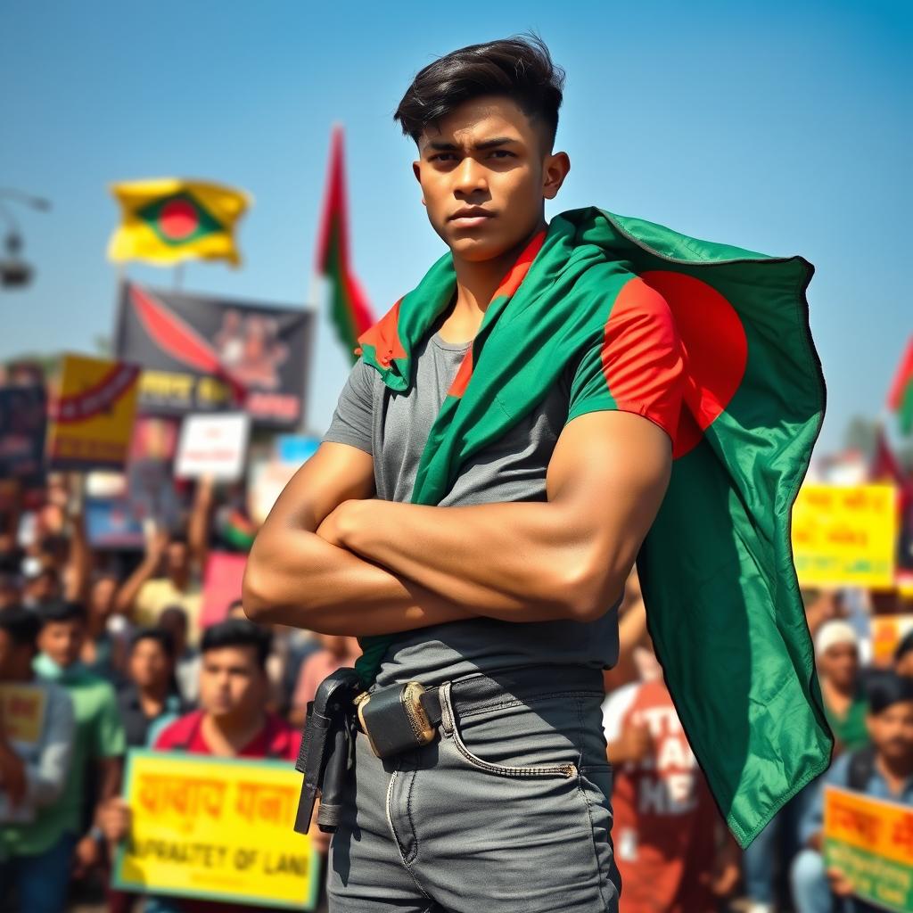 A young man wearing a Bangladeshi flag draped over his shoulders, showcasing strength and resilience