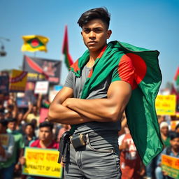 A young man wearing a Bangladeshi flag draped over his shoulders, showcasing strength and resilience