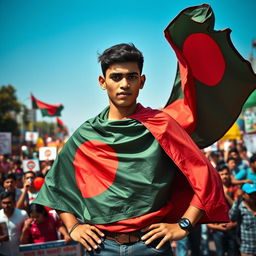 A young man wearing a Bangladeshi flag draped over his shoulders, showcasing strength and resilience