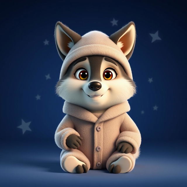 A delightful 3D illustration of a wolf character in a cozy lambswool pajama set, complete with a matching hat, designed in the enchanting Pixar animation style