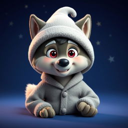 A delightful 3D illustration of a wolf character in a cozy lambswool pajama set, complete with a matching hat, designed in the enchanting Pixar animation style