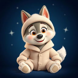 A delightful 3D illustration of a wolf character in a cozy lambswool pajama set, complete with a matching hat, designed in the enchanting Pixar animation style